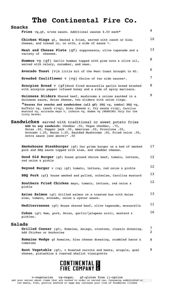 The Continental Fire Company - Houghton, MI menu_pic