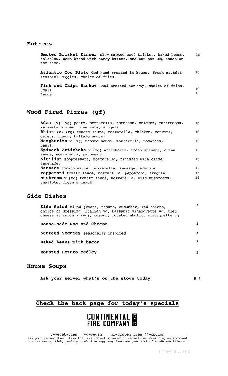 The Continental Fire Company - Houghton, MI menu_pic