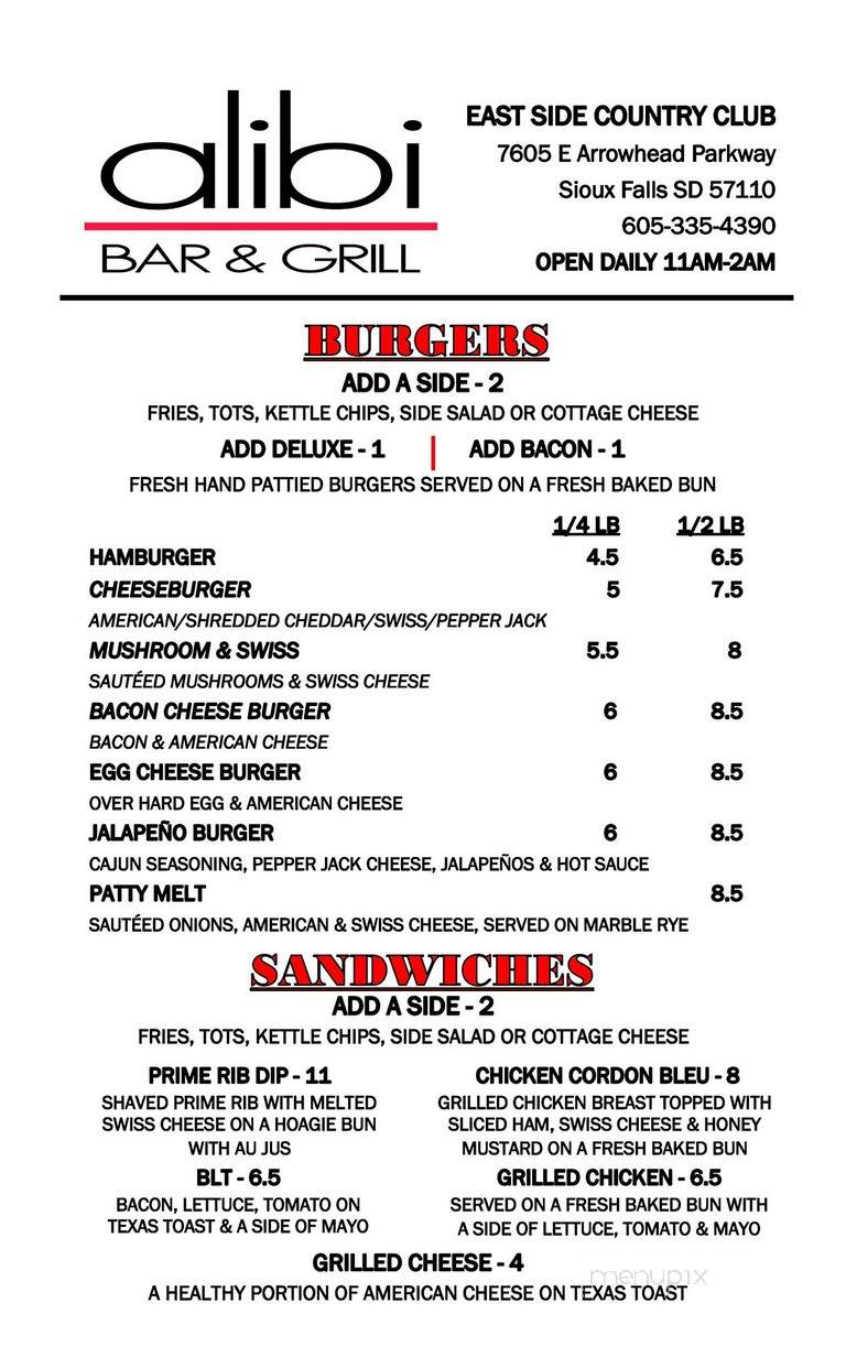 Alibi Bar & Grill - Sioux Falls, SD menu_pic