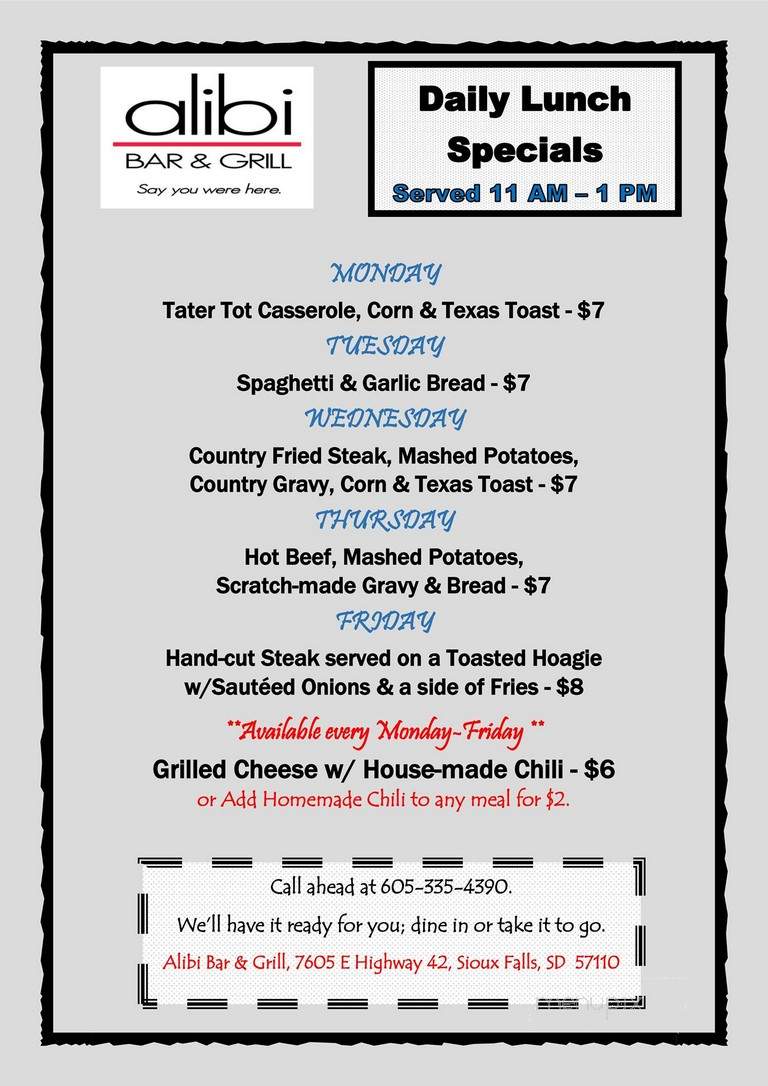 Alibi Bar & Grill - Sioux Falls, SD menu_pic