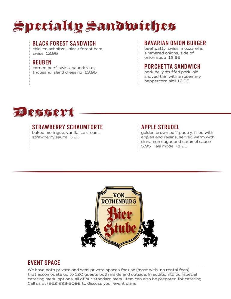 Von Rothenburg Bier Stube - Germantown, WI menu_pic