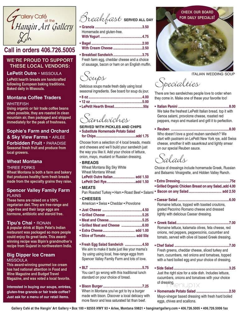Hangin Art Gallery & Coffee House - Arlee, MT menu_pic