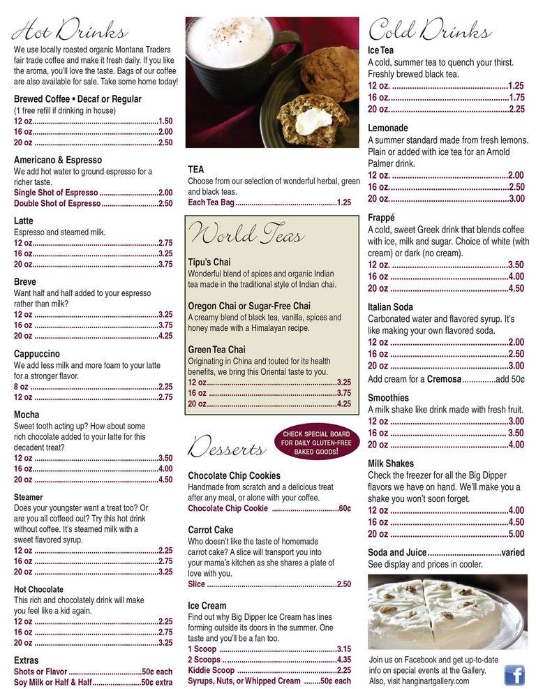 Hangin Art Gallery & Coffee House - Arlee, MT menu_pic
