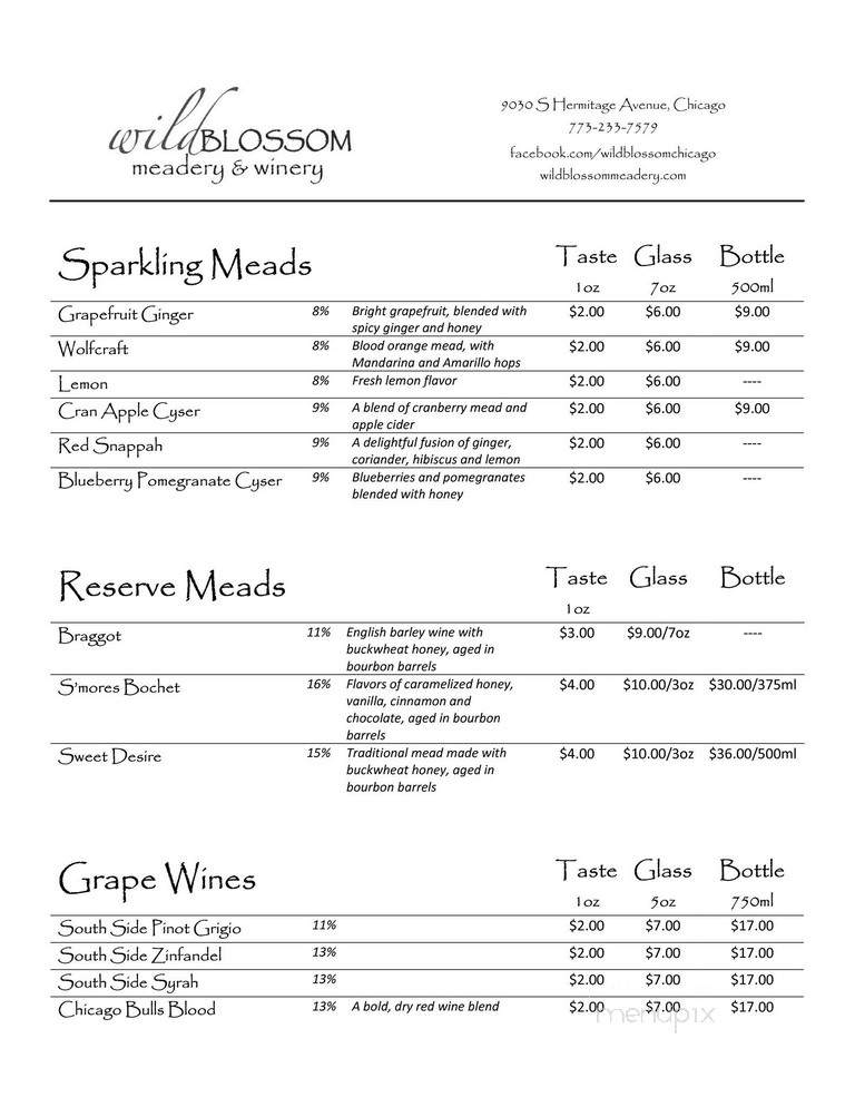 Wild Blossom Meadery & Winery - Chicago, IL menu_pic