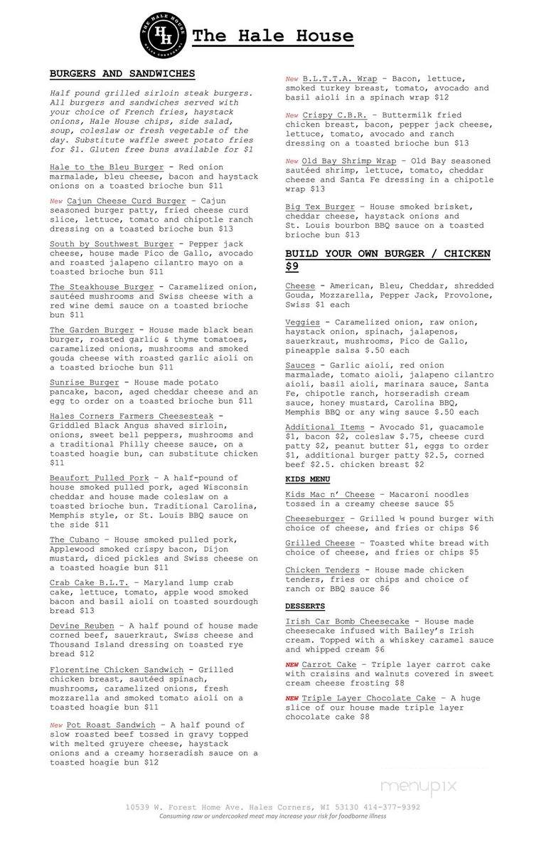 The Hale House - Hales Corners, WI menu_pic