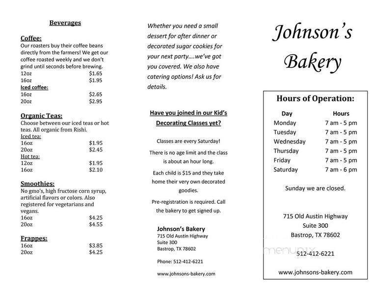 Johnson's Bakery - Bastrop, TX menu_pic