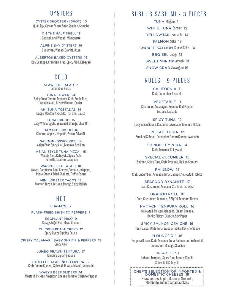 Lounge 31 - Dallas, TX menu_pic