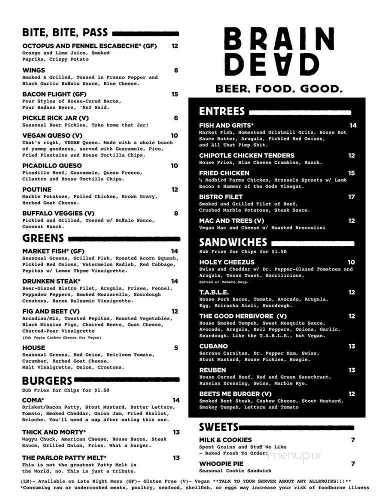 Braindead Brewing - Dallas, TX menu_pic