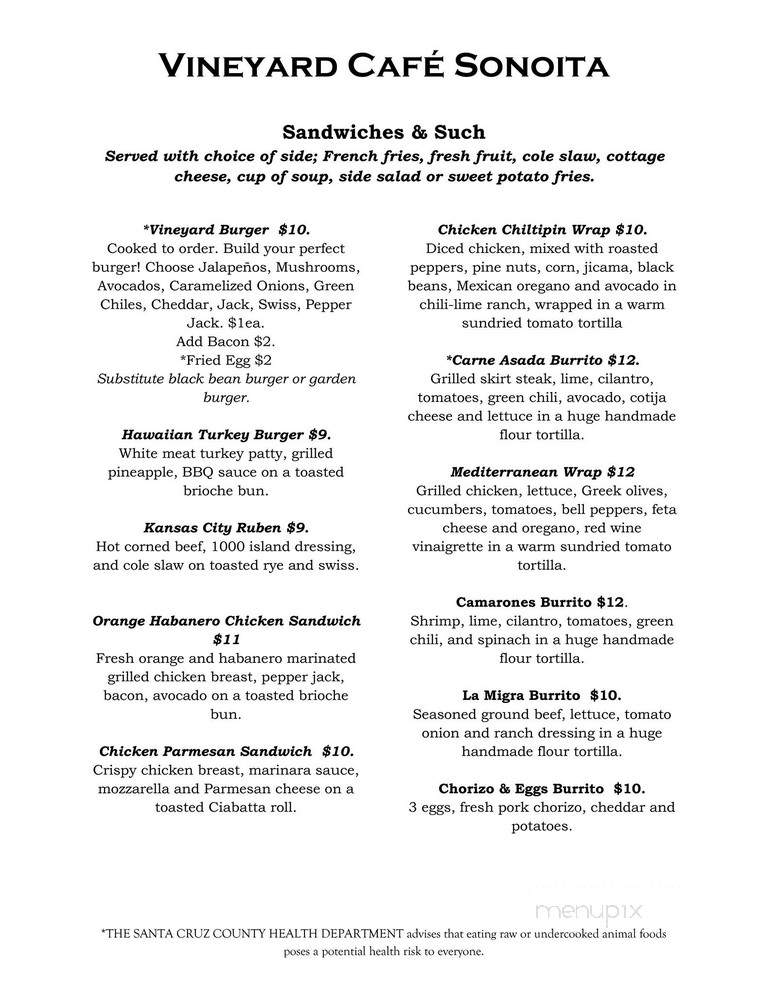 The Vineyard Cafe Sonoita - Sonoita, AZ menu_pic
