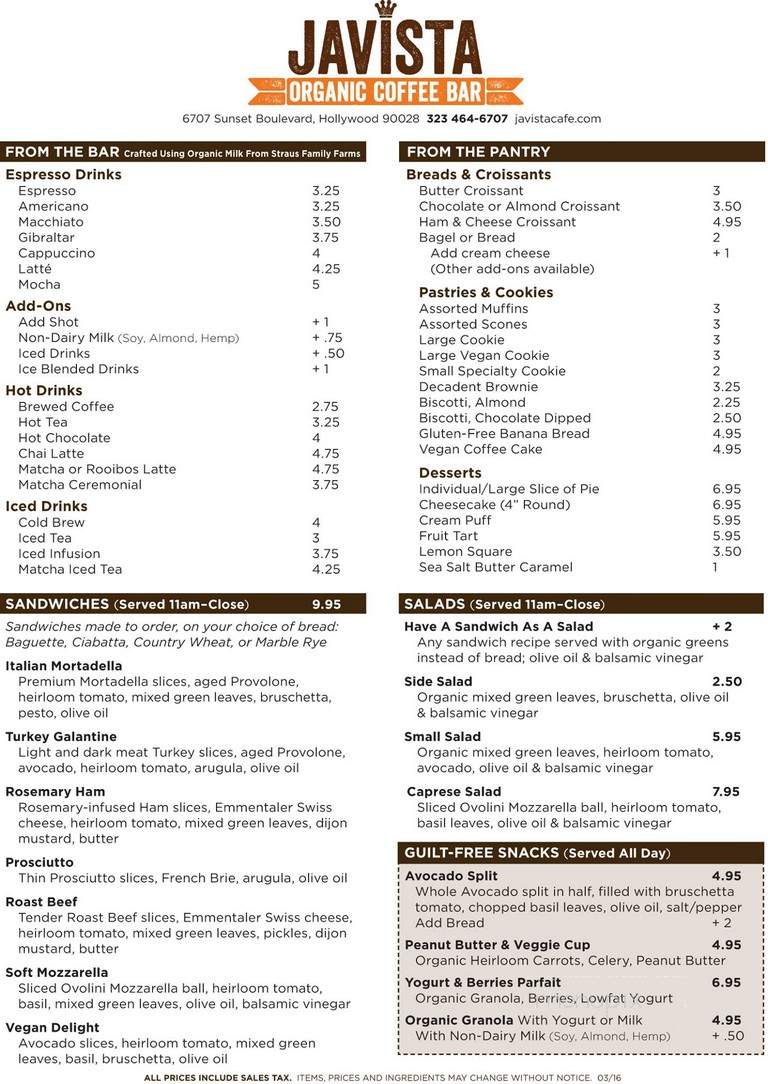 Javista Organic Coffee Bar - Hollywood, CA menu_pic