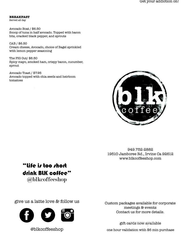 BLK Coffee - Irvine, CA menu_pic