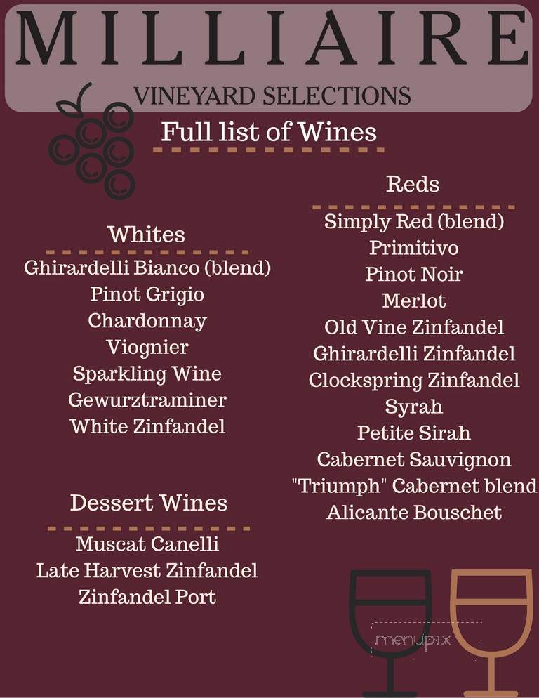 Milliaire Winery - Murphys, CA menu_pic