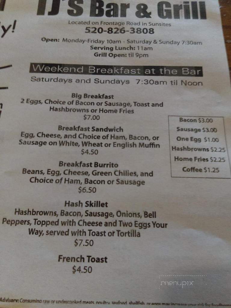 T J's Bar & Grill - Pearce, AZ menu_pic