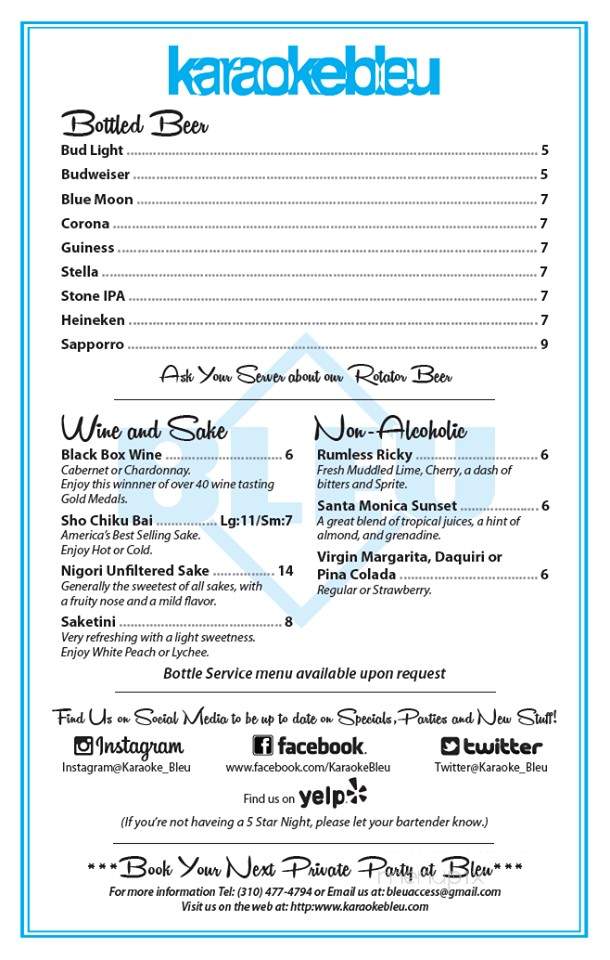 Karaoke Bleu - Los Angeles, CA menu_pic