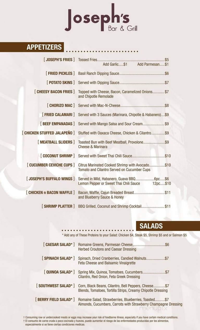Joseph's Bar & Grill - Downey, CA menu_pic