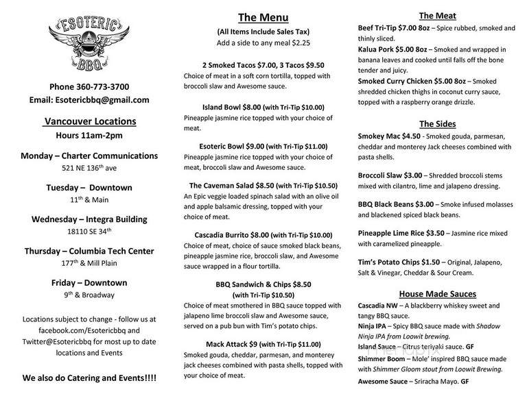 Esoteric BBQ - Vancouver, WA menu_pic