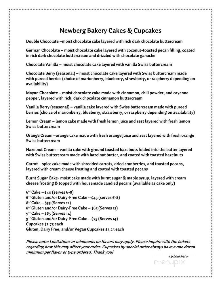 Newberg Bakery - Newberg, OR menu_pic