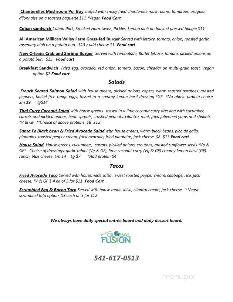 Bethlyn's Global Fusion - Bend, OR menu_pic