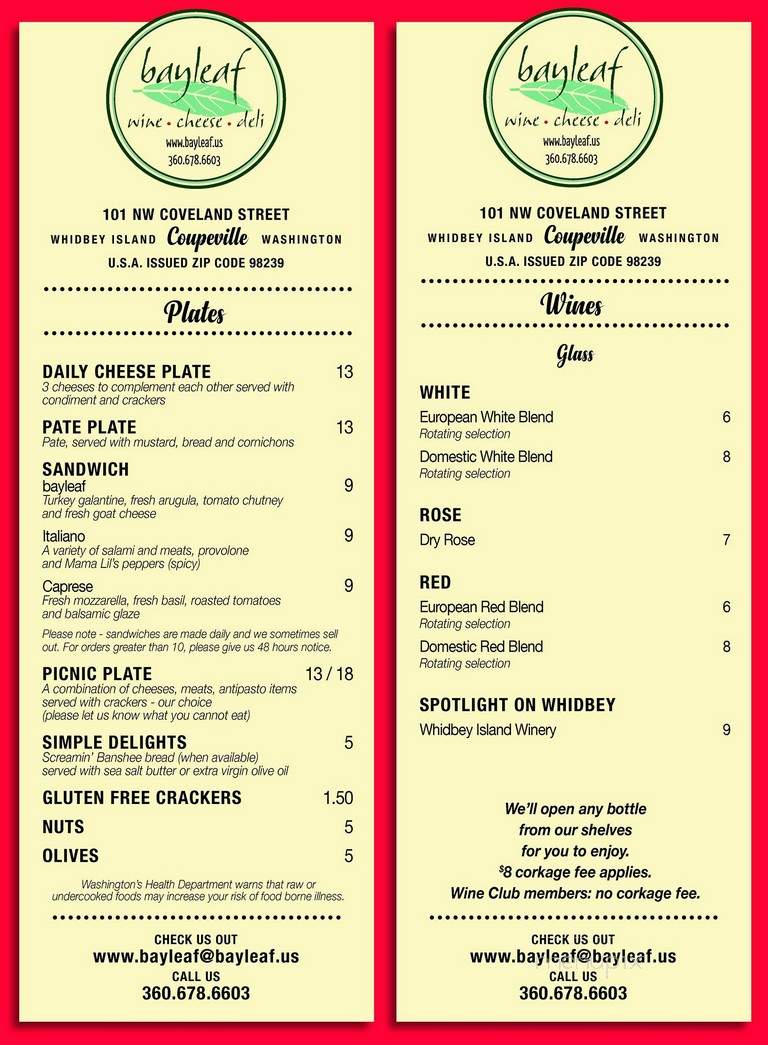 Bayleaf - Coupeville, WA menu_pic