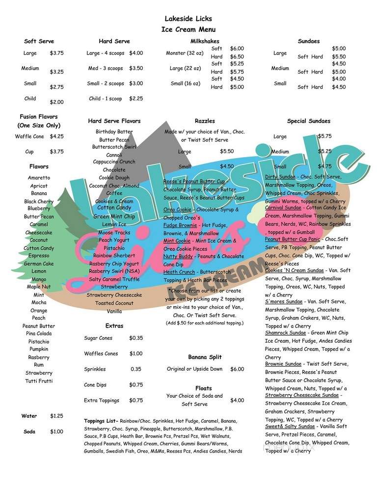 Lakeside Licks Ice Cream - Highland, NY menu_pic