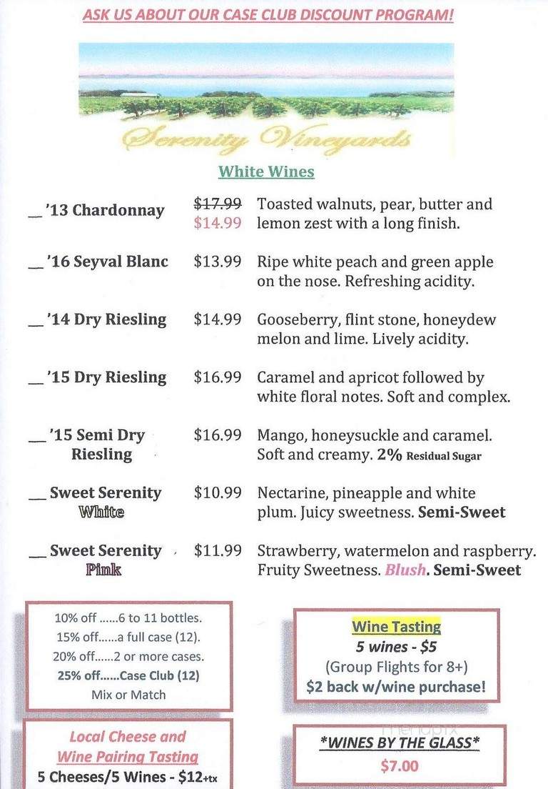 Serenity Vineyard - Penn Yan, NY menu_pic