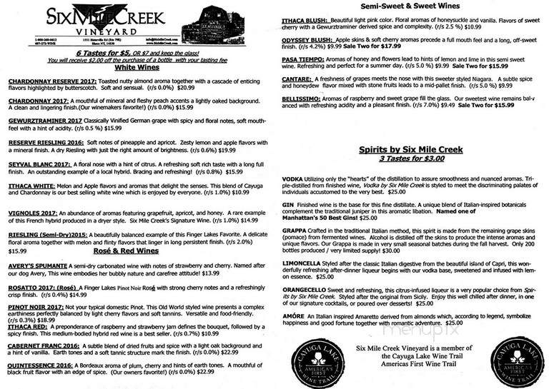 Six Mile Creek Vineyard - Ithaca, NY menu_pic