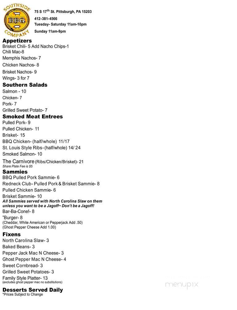The South Side BBQ Company - Pittsburgh, PA menu_pic