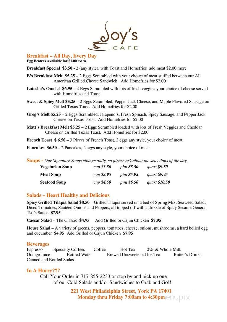 Joy's Cafe - York, PA menu_pic