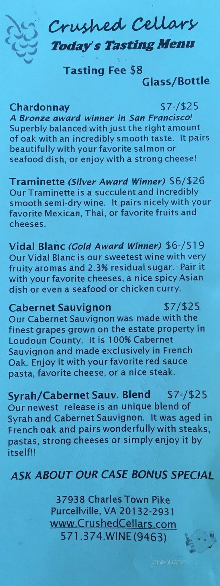 Crushed Cellars - Purcellville, VA menu_pic