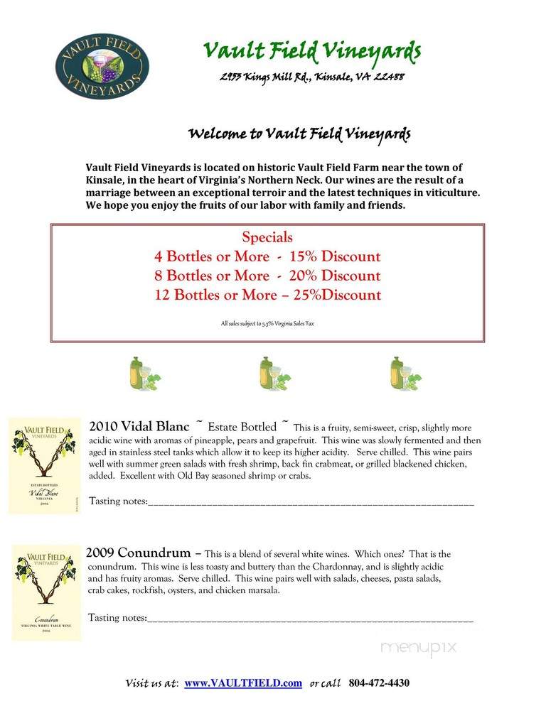 Vault Field Vineyards - Kinsale, VA menu_pic