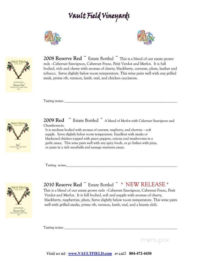 Vault Field Vineyards - Kinsale, VA menu_pic