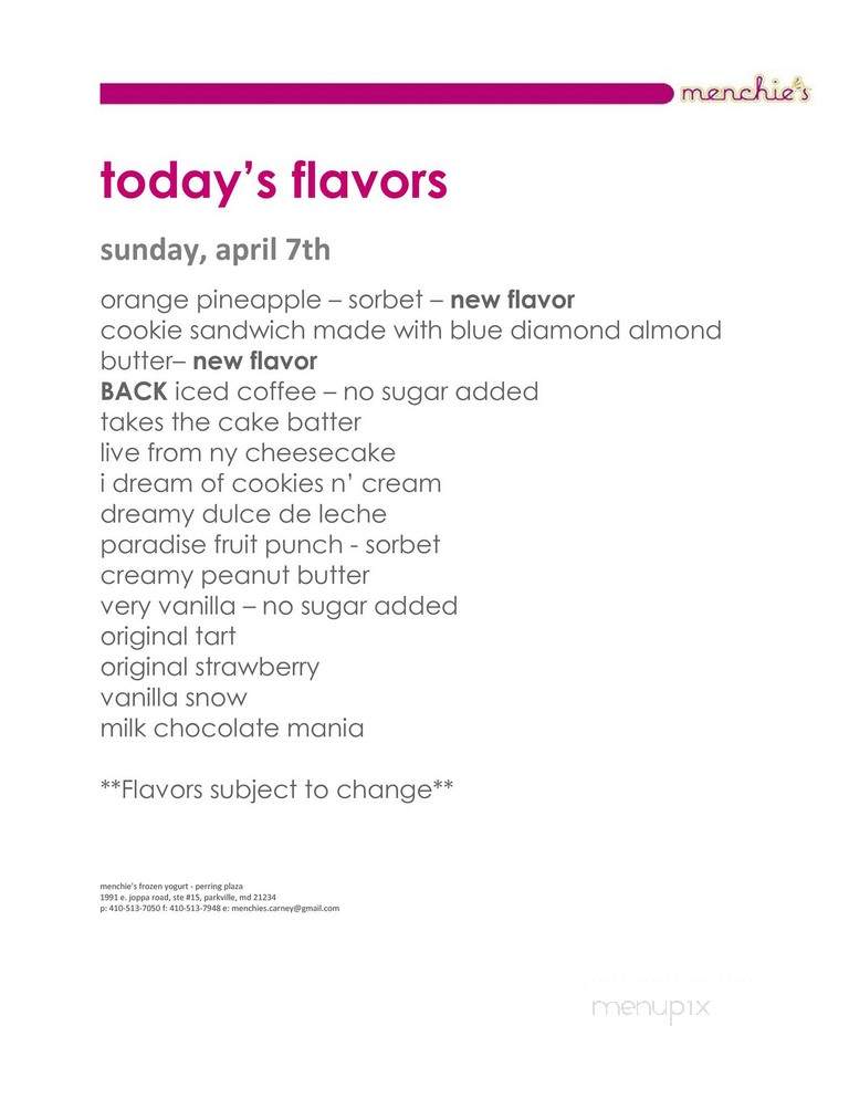 Menchie's Frozen Yogurt - Parkville, MD menu_pic