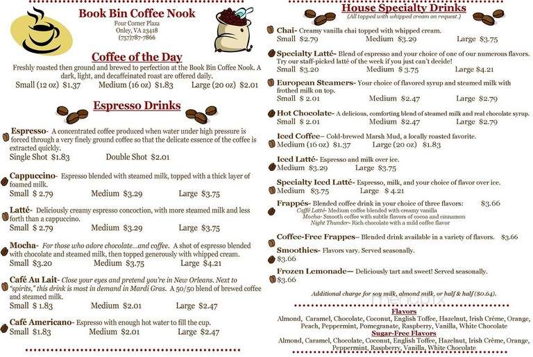 The Book Bin - Onley, VA menu_pic