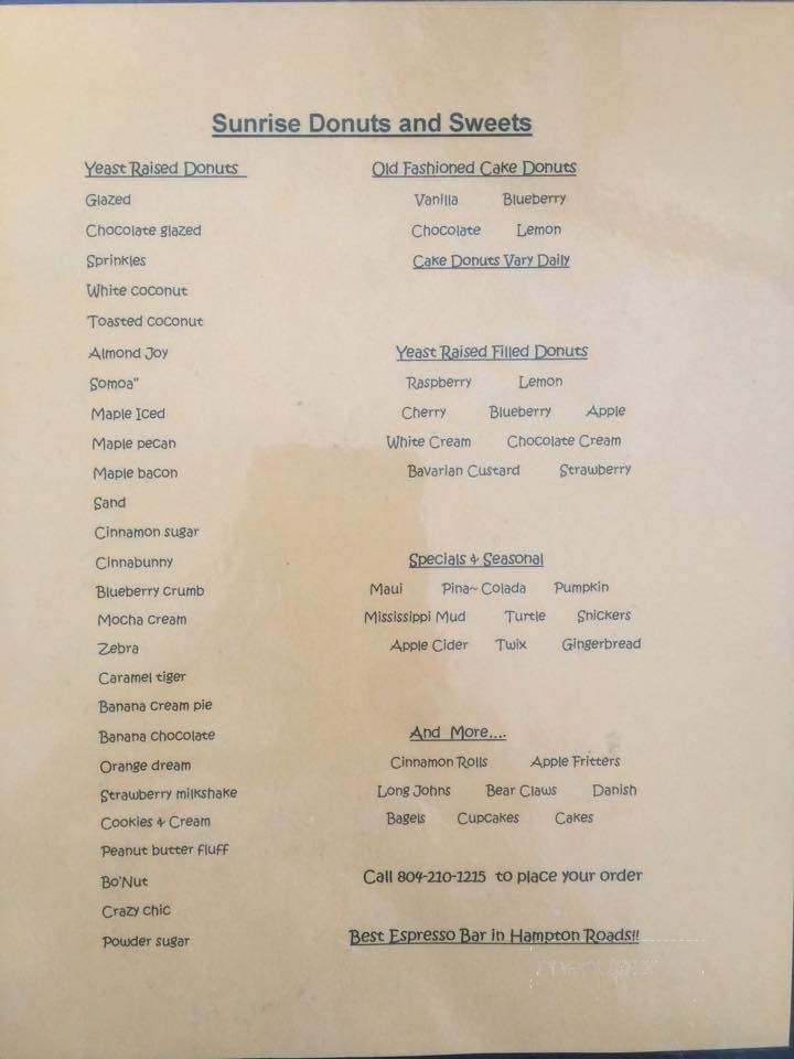 Sunrise Donuts And Sweets - Gloucester, VA menu_pic