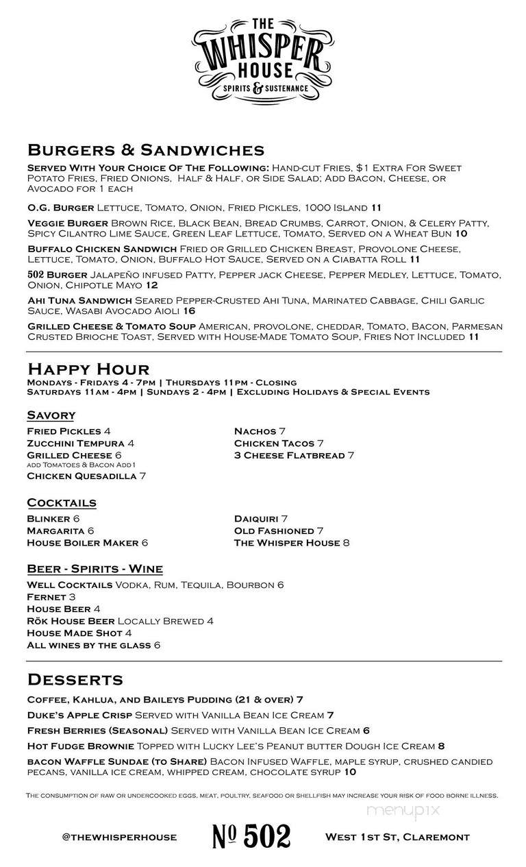 The Whisper House - Claremont, CA menu_pic