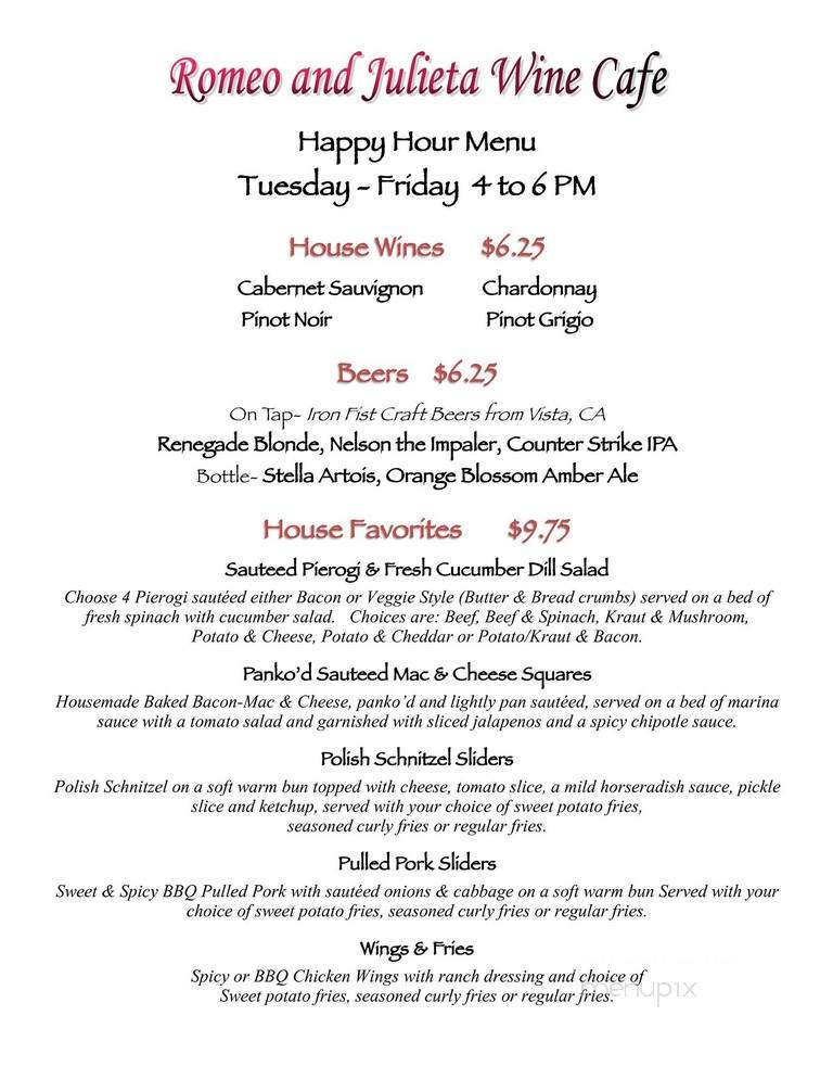 Romeo & Julieta Wine Cafe - San Diego, CA menu_pic