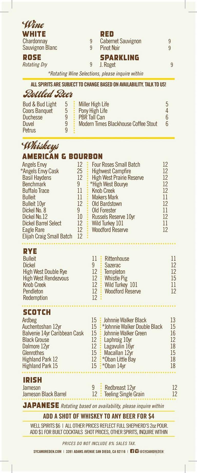 Sycamore Den - San Diego, CA menu_pic