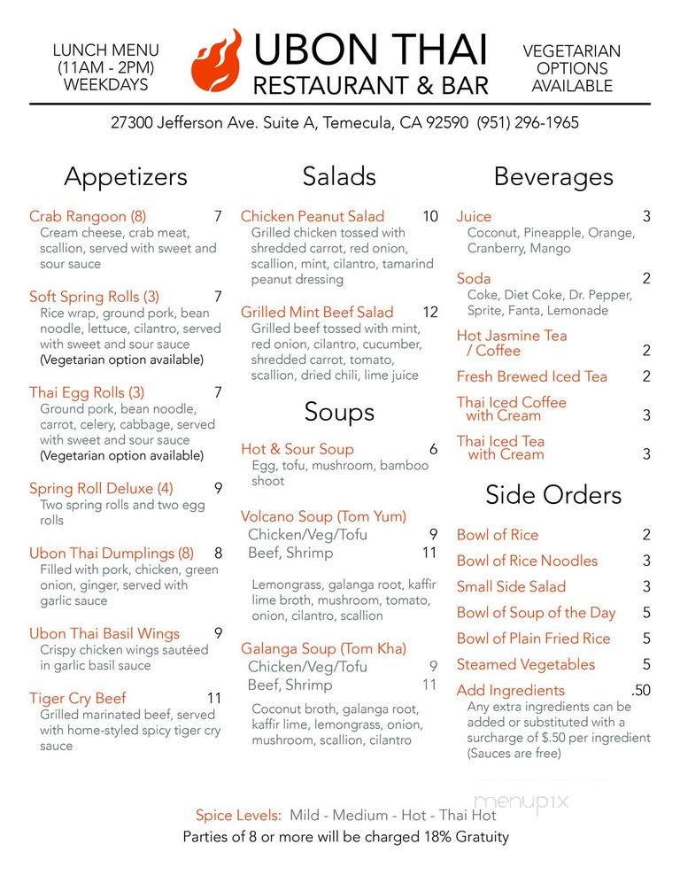 Ubon Thai - Temecula, CA menu_pic