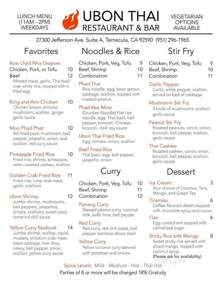 Ubon Thai - Temecula, CA menu_pic