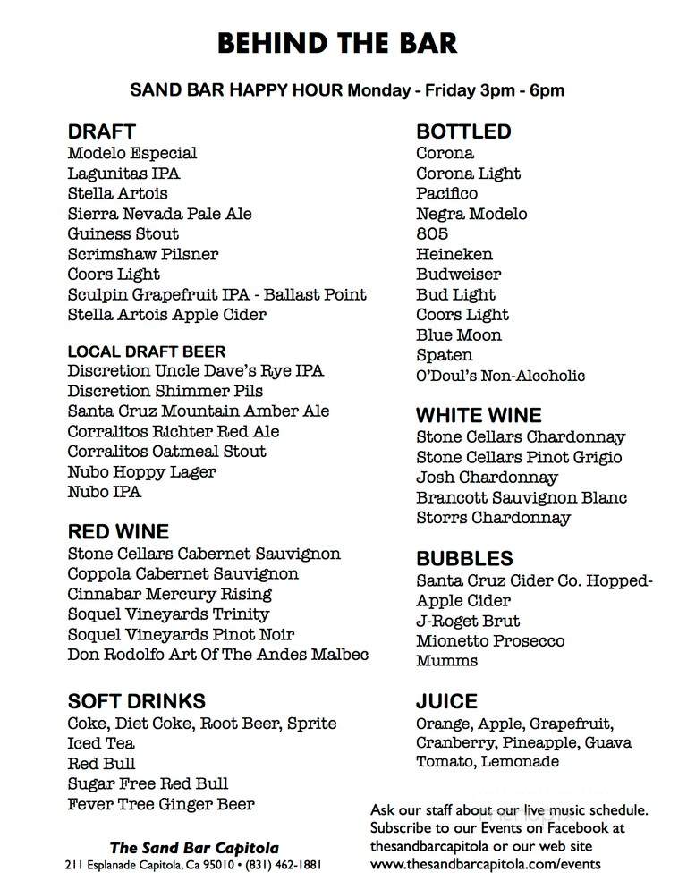 The Sand Bar - Capitola, CA menu_pic