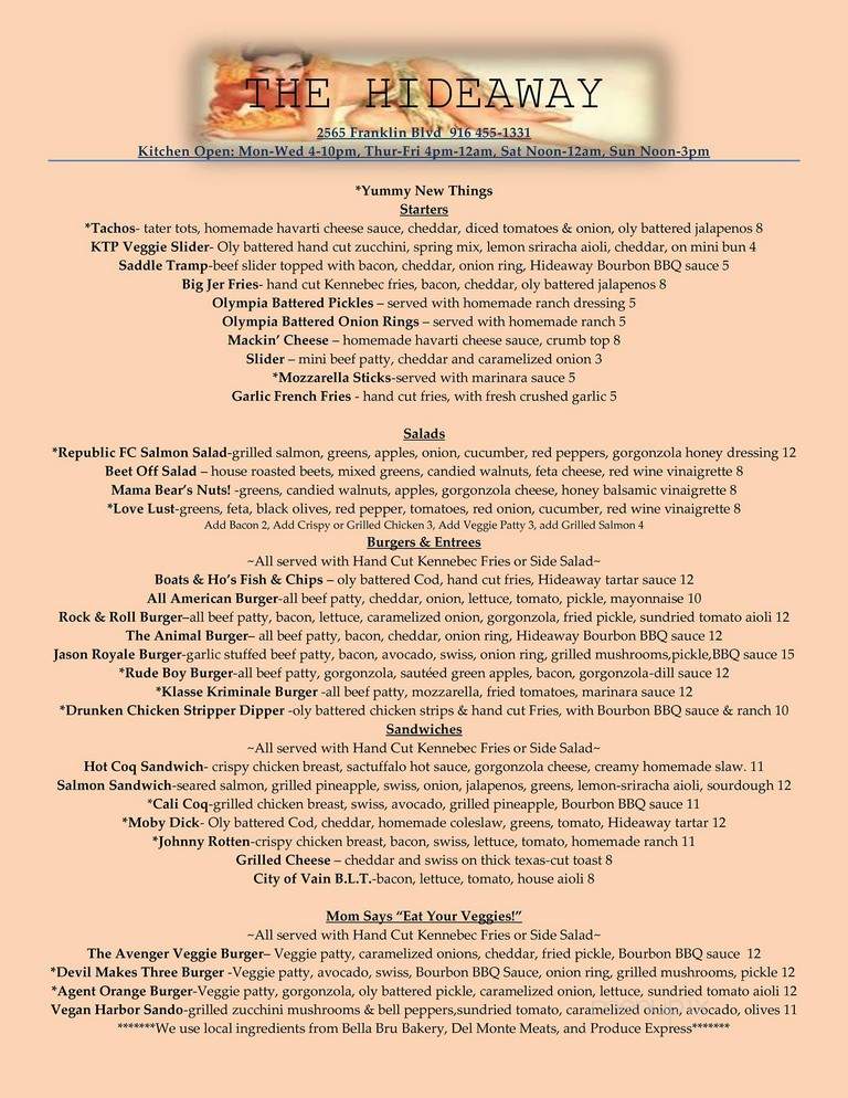 Hideaway Bar & Grill - Sacramento, CA menu_pic