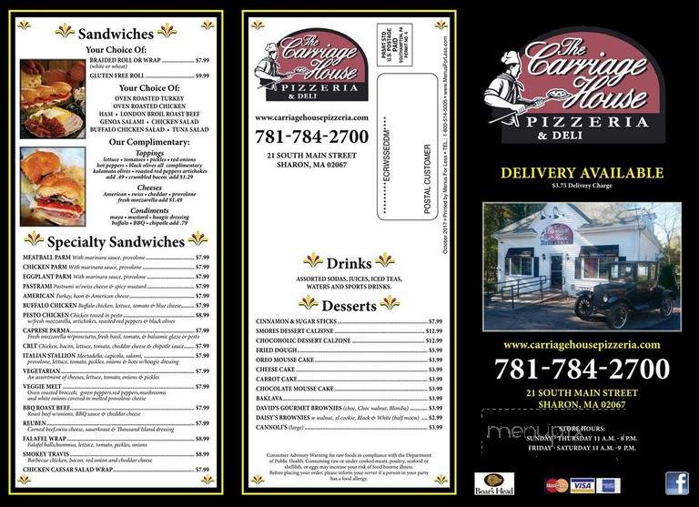 Carriage House Pizzeria - Sharon, MA menu_pic