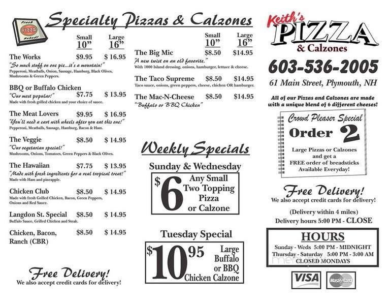 Keith's Pizzas and Calzones - Plymouth, NH menu_pic
