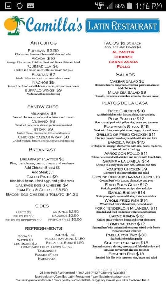 Camilla's Latin Restaurant - Hartford, CT menu_pic