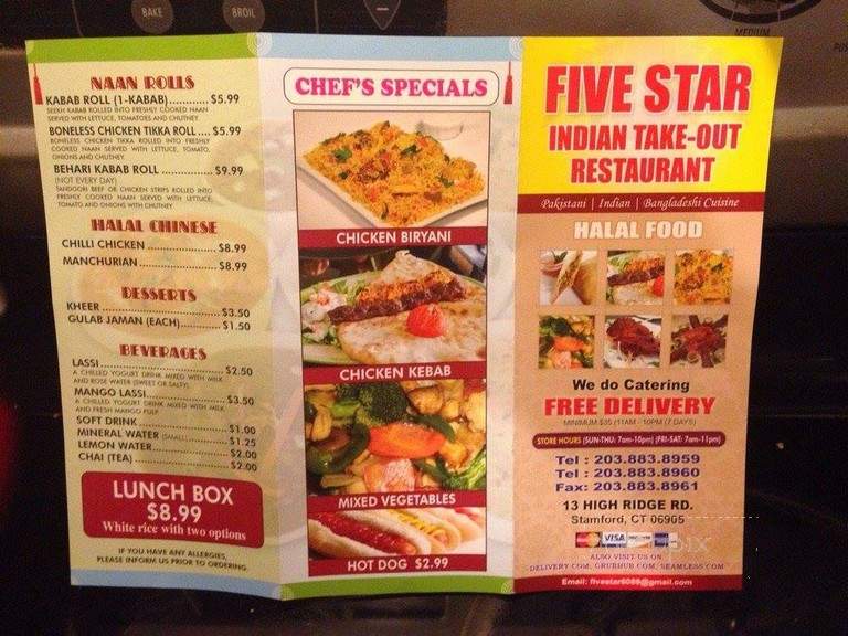 Five Star Indian Take Out Restaurant - Stamford, CT menu_pic