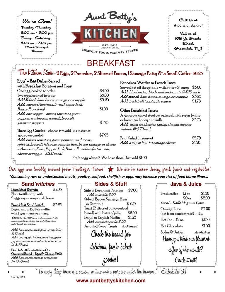 Aunt Betty's Kitchen - Greenwich, NJ menu_pic