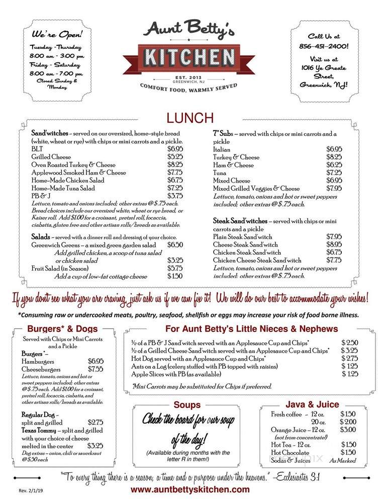 Aunt Betty's Kitchen - Greenwich, NJ menu_pic