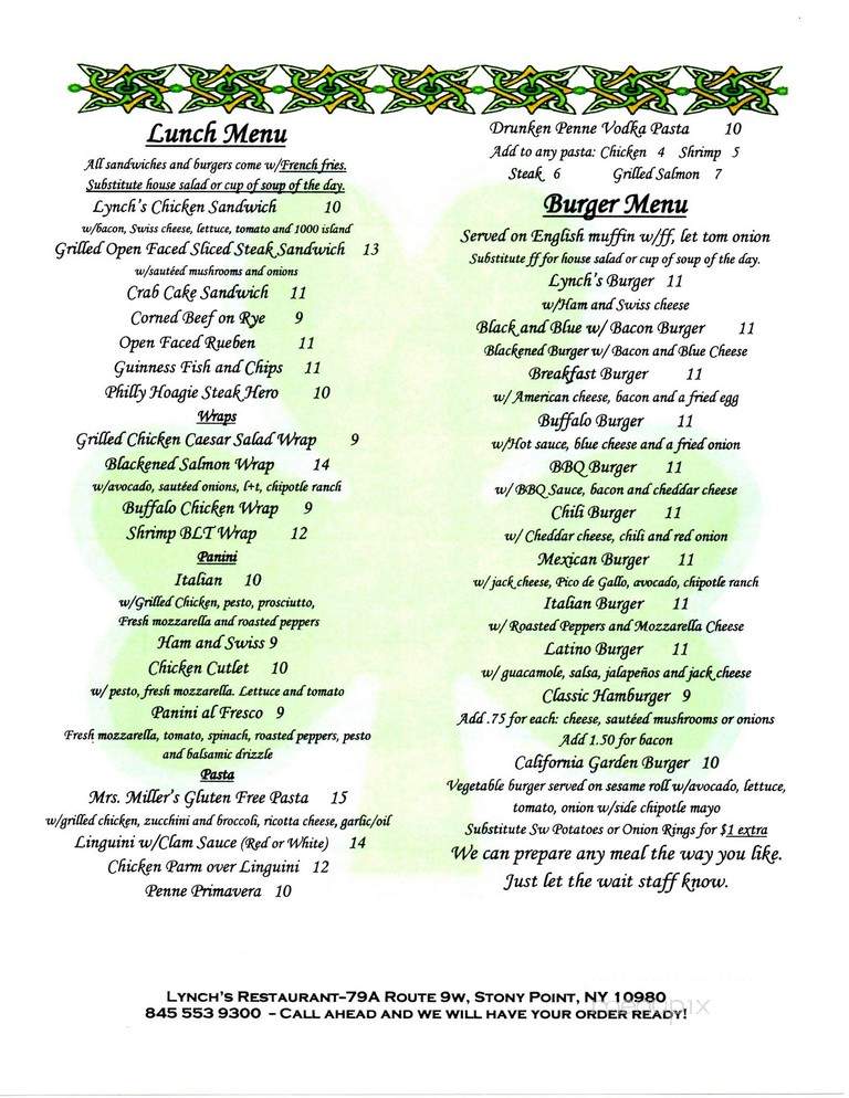 Lynch's Restaurant - Stony Point, NY menu_pic