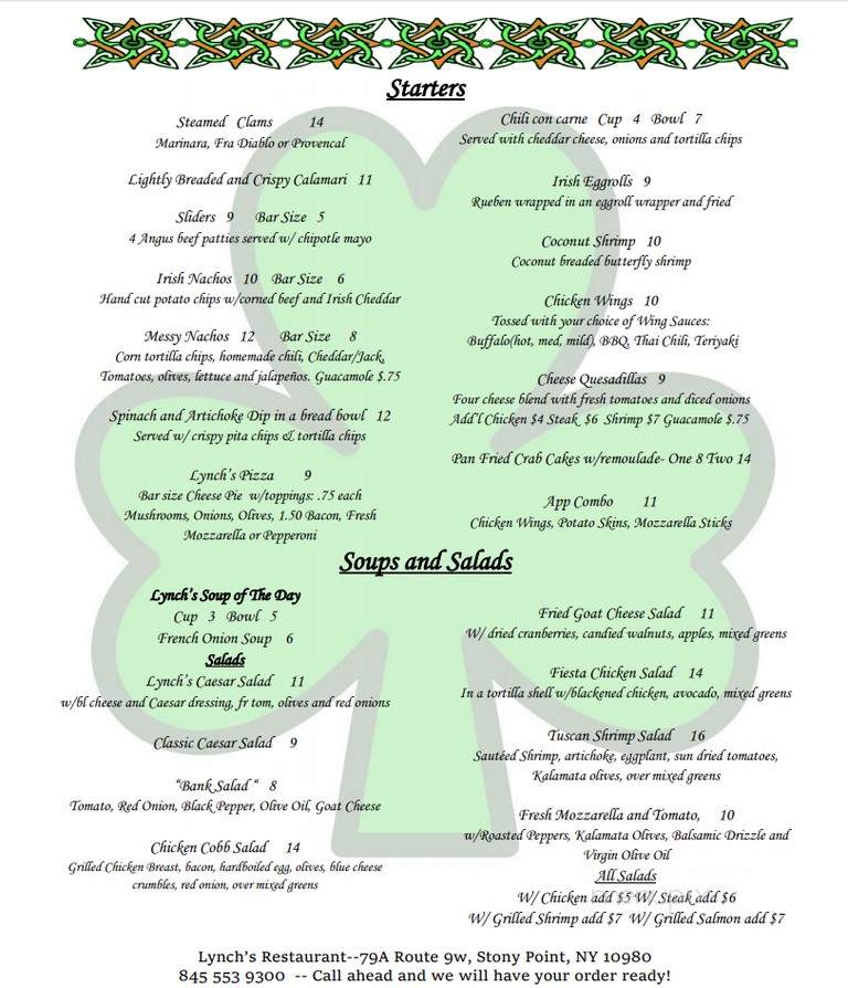 Lynch's Restaurant - Stony Point, NY menu_pic