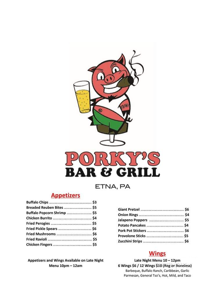 Porky's Plain Old Bar - Etna, PA menu_pic